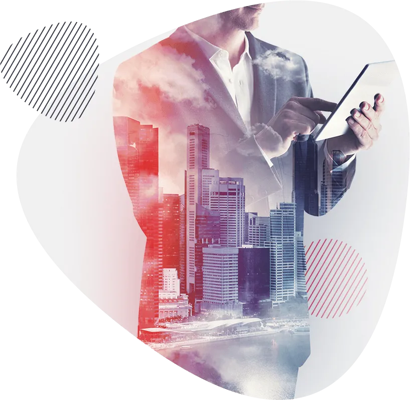 img-quote-v2 Professional holding a tablet, blended with a city skyline