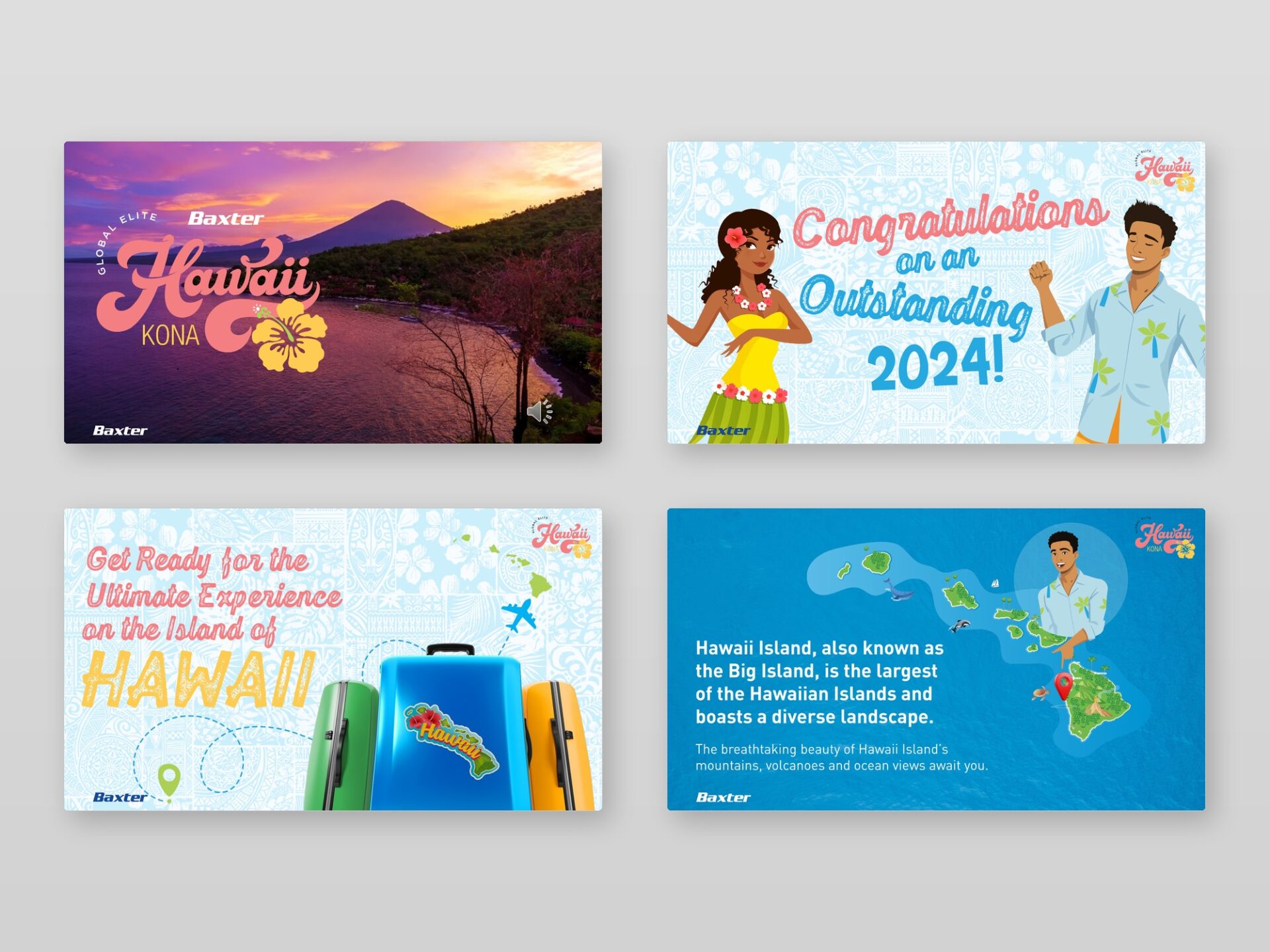 Four slides from the first Baxter deck – illustrated, on-brand pages that animate on a timed sequence