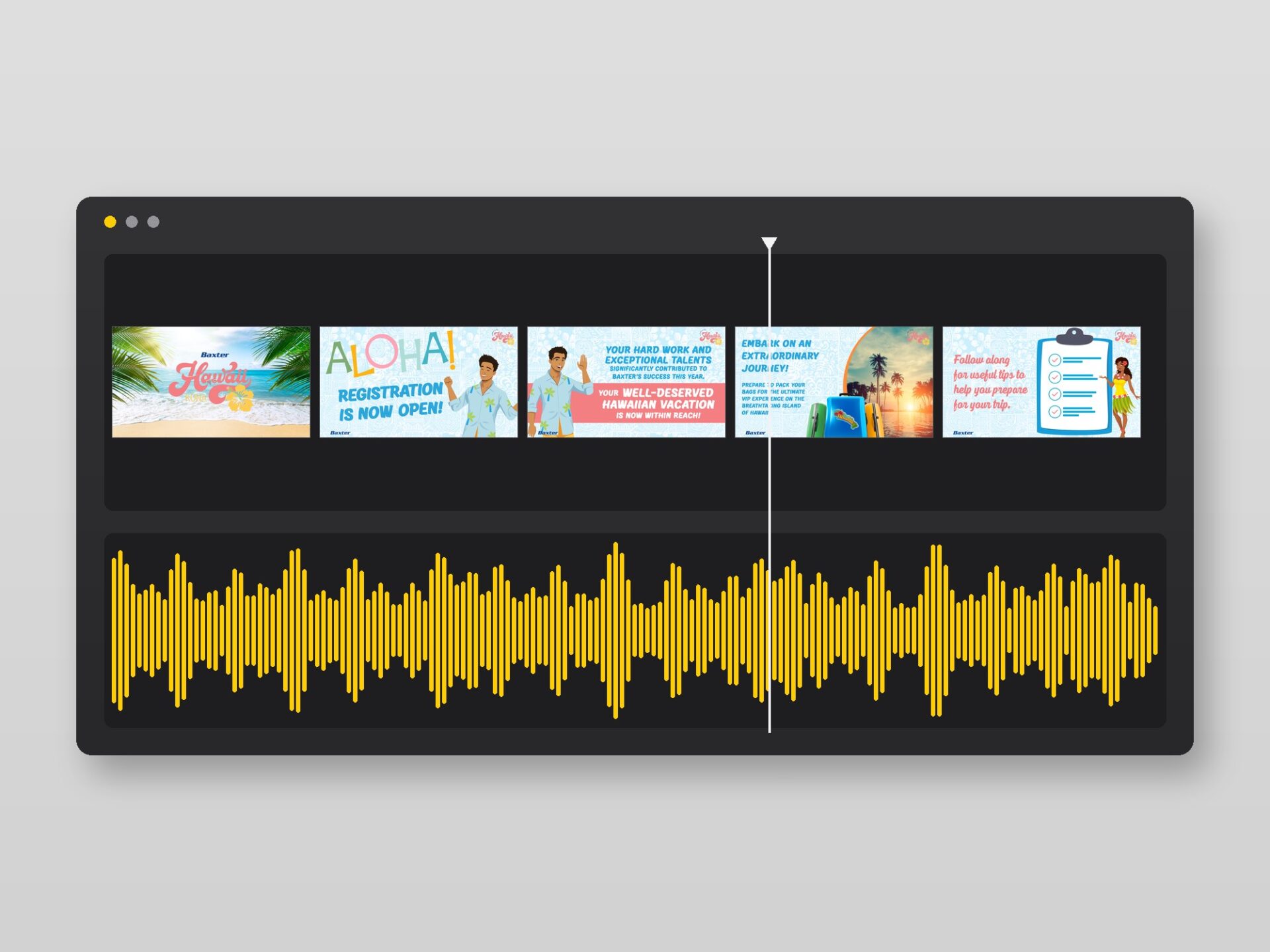 Editing timeline – slide filmstrip over an audio waveform, animation and voice-over synced