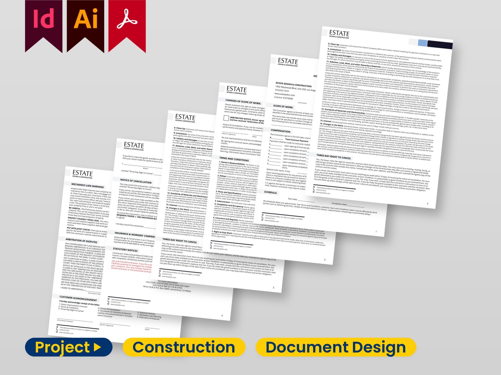 Finished corporate document package built from raw Word text in a minimalist InDesign layout