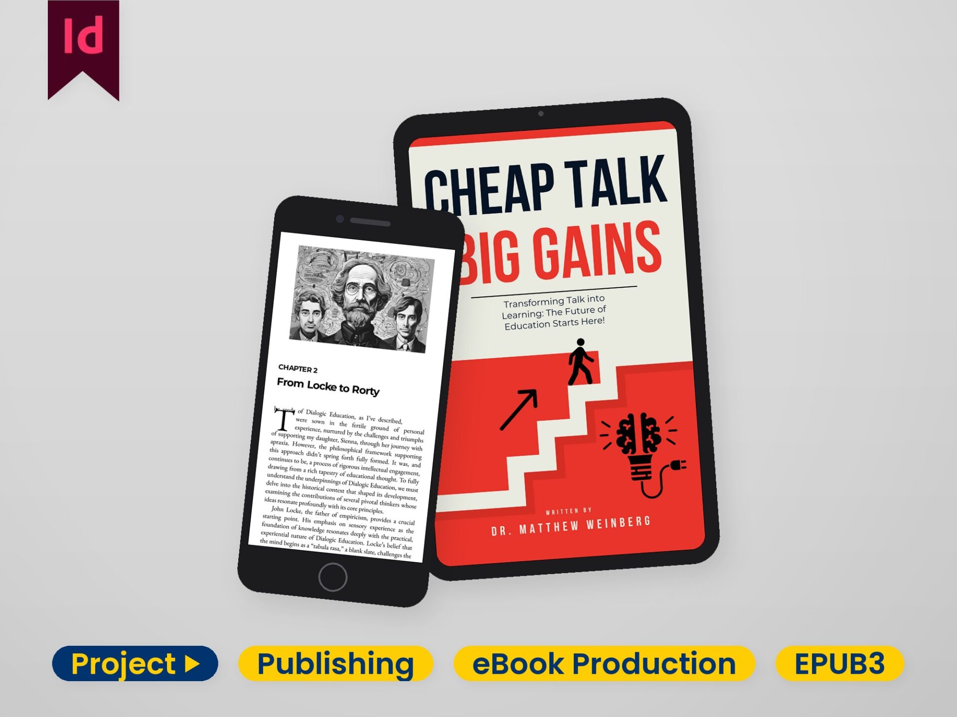 Real ebook cover on a tablet beside a phone showing a reflowable chapter page of the same EPUB3