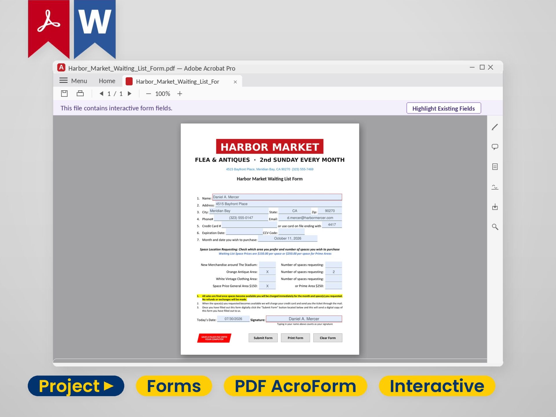 An interactive fillable PDF form open in Adobe Acrobat Pro, fields highlighted and filled in
