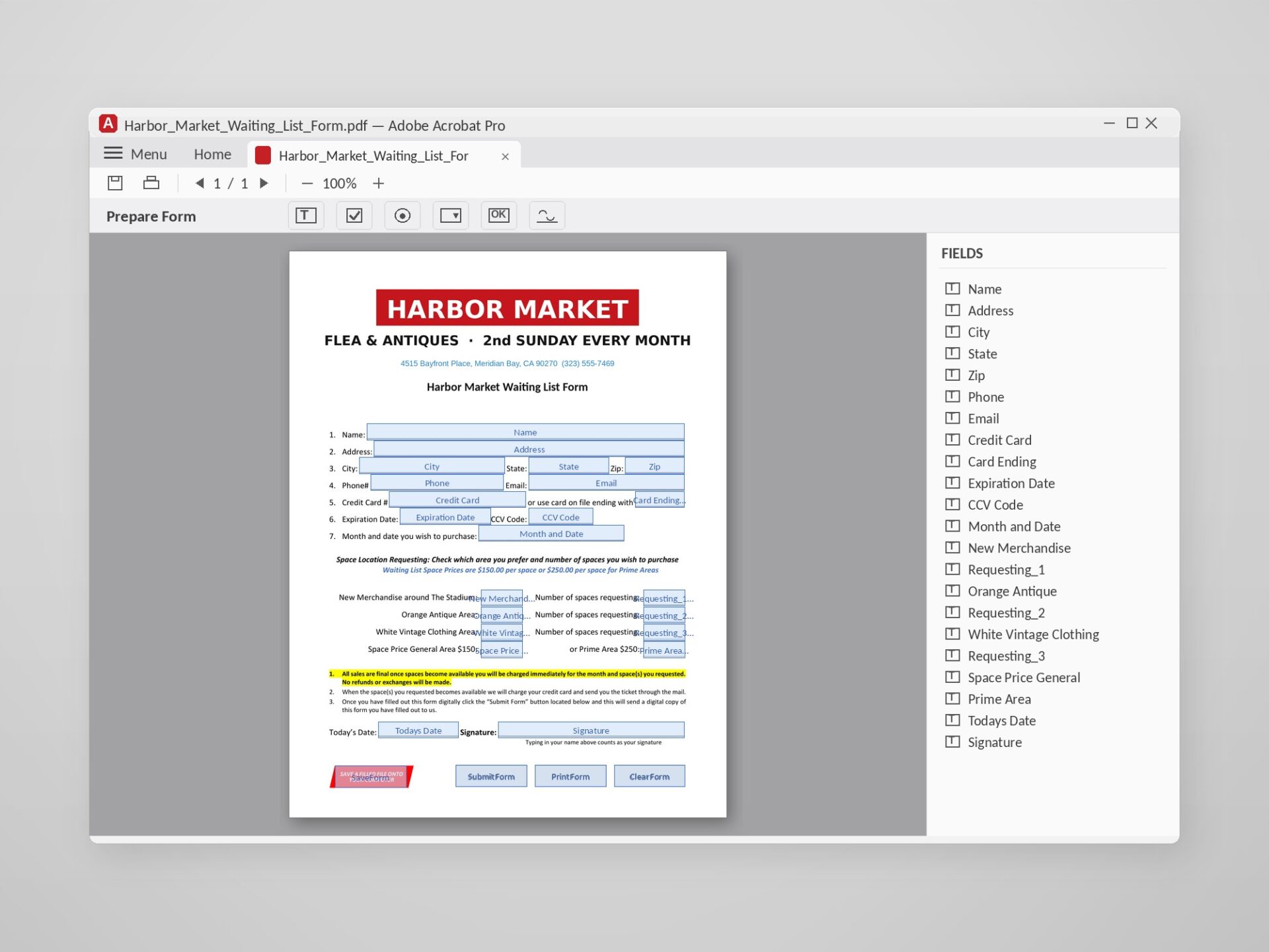 Acrobat's Prepare Form mode showing named field boxes on the page and the full fields panel