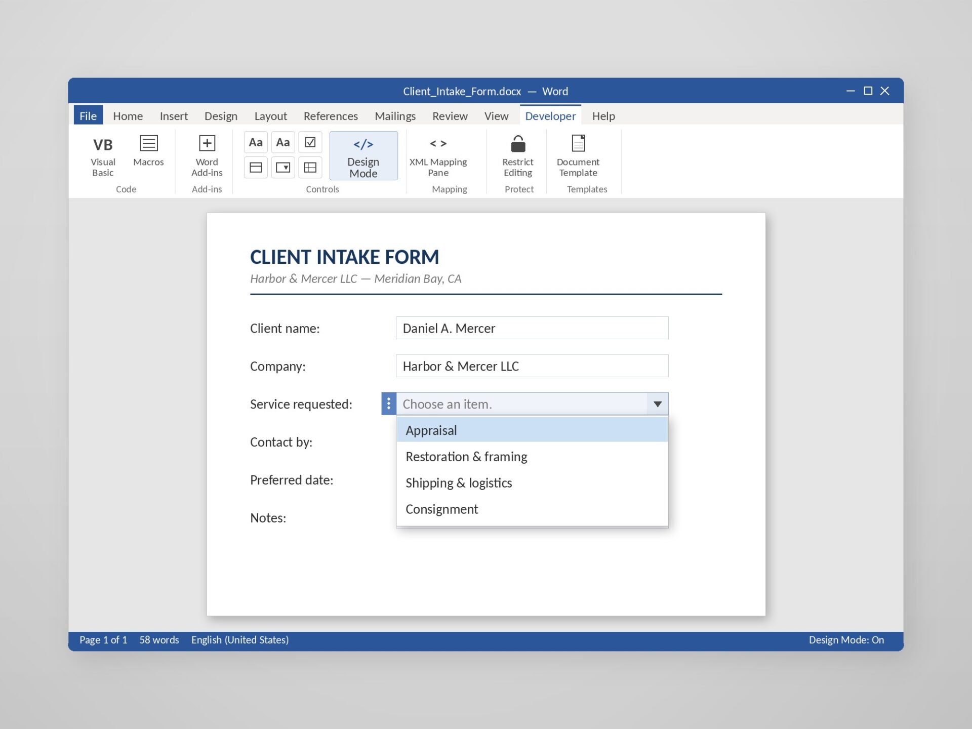A client intake form in Microsoft Word with content controls and an open dropdown, Developer tab active