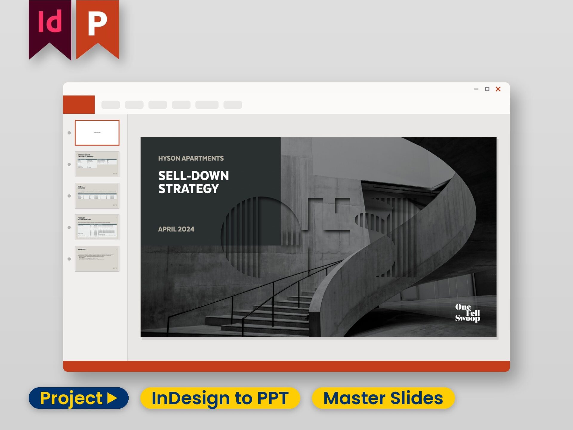 InDesign design rebuilt as a native PowerPoint template, shown in the PowerPoint window with layout thumbnails