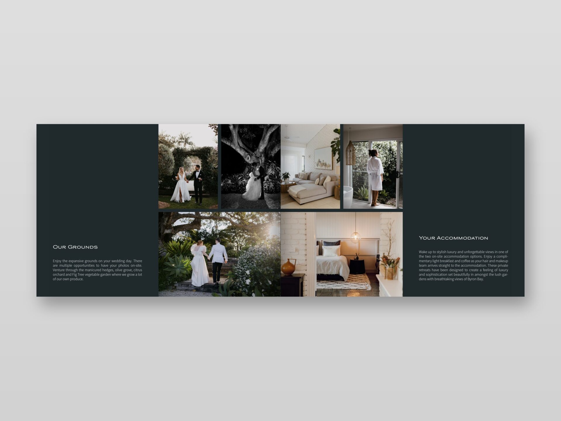 Full-bleed, color-corrected photography for a consistent, luxurious feel