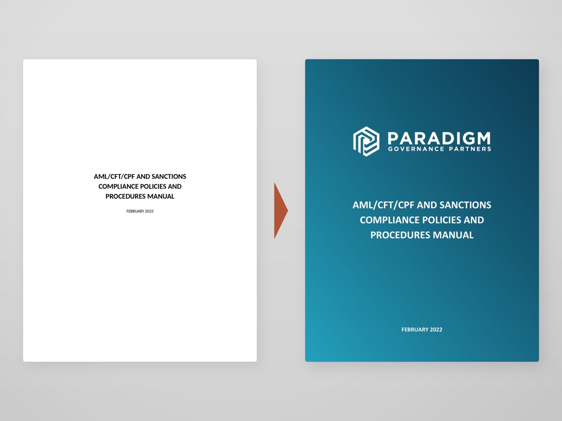 Document Reformatting – Designed Branded Cover A plain typed title page beside a designed, branded document cover
