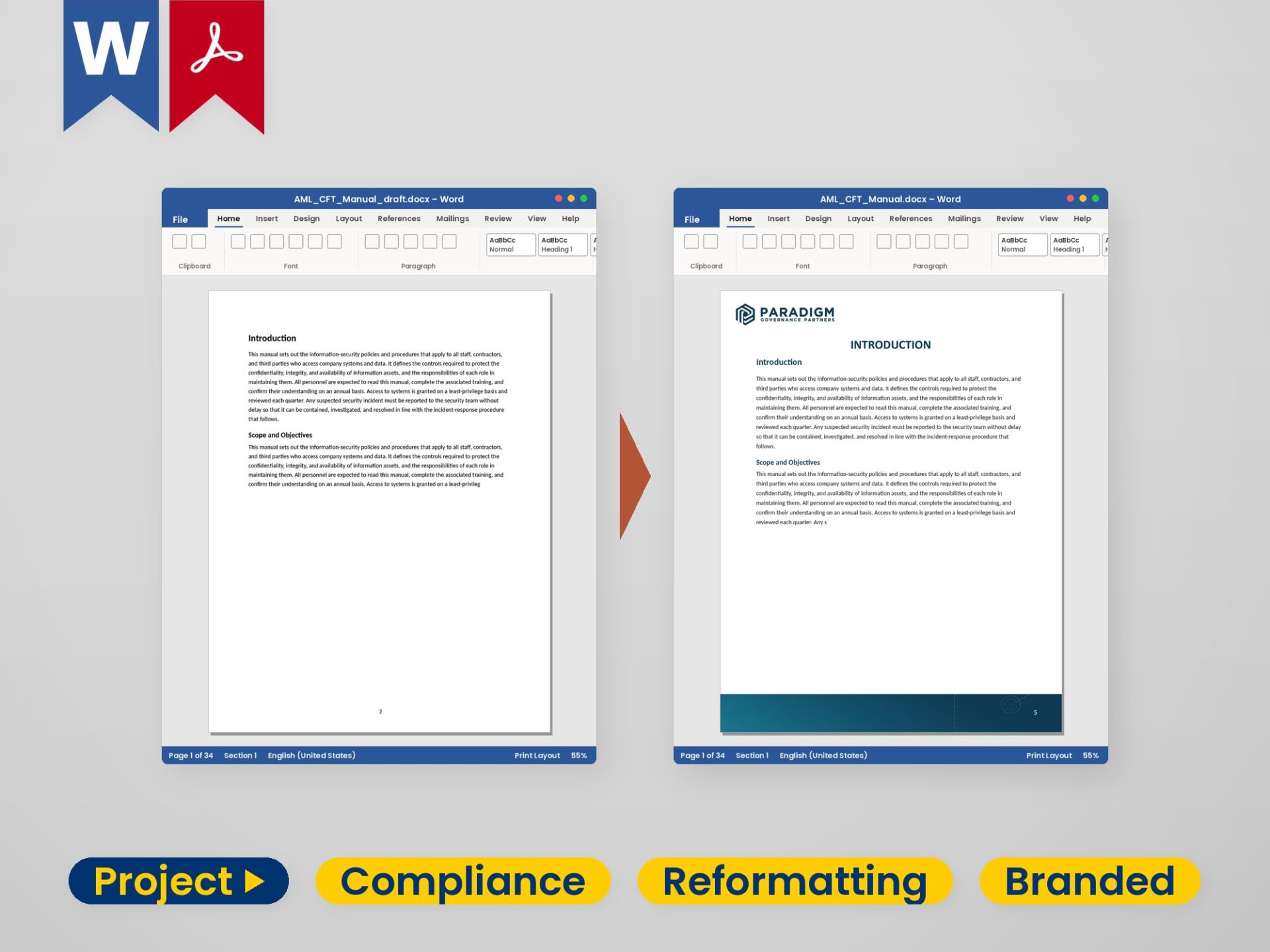 Document Reformatting – Plain Draft to Branded Manual A plain draft document beside its reformatted, on-brand version – both open in Microsoft Word