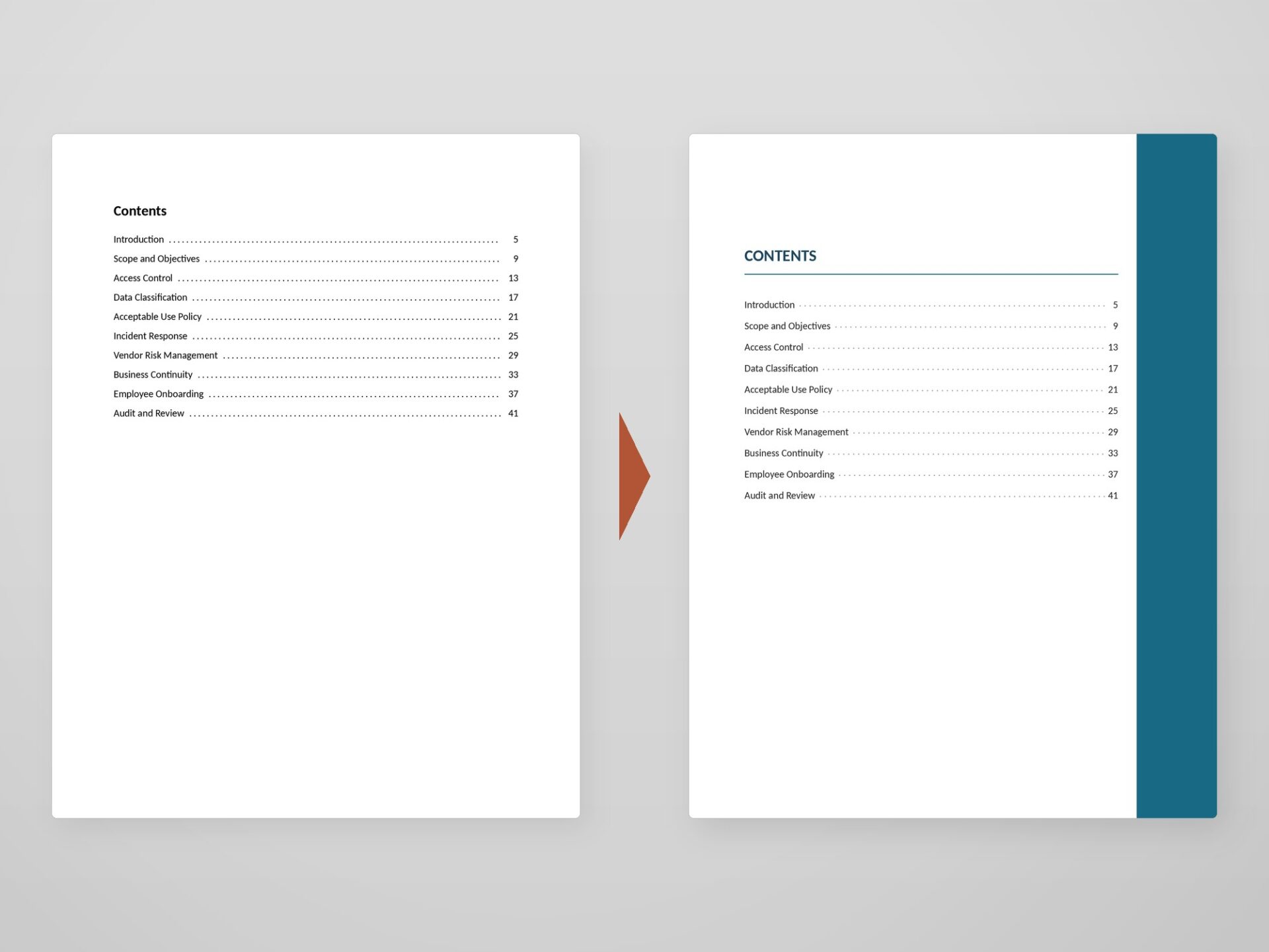 Document Reformatting – Automatic Branded Contents A plain typed contents list beside an automatic, branded table of contents
