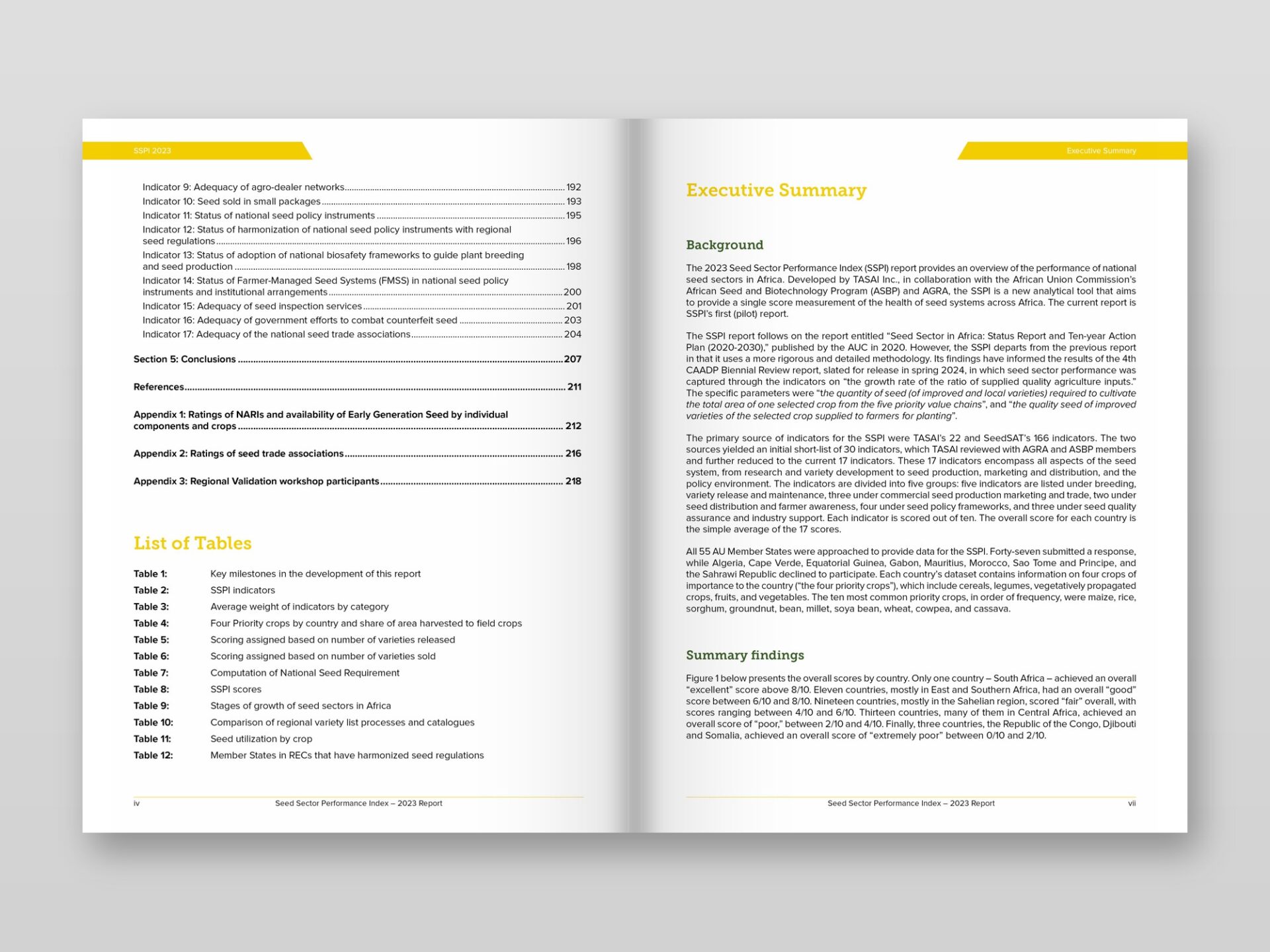 TASAI Report – Contents and Executive Summary Spread Table of contents and executive summary on a disciplined editorial grid