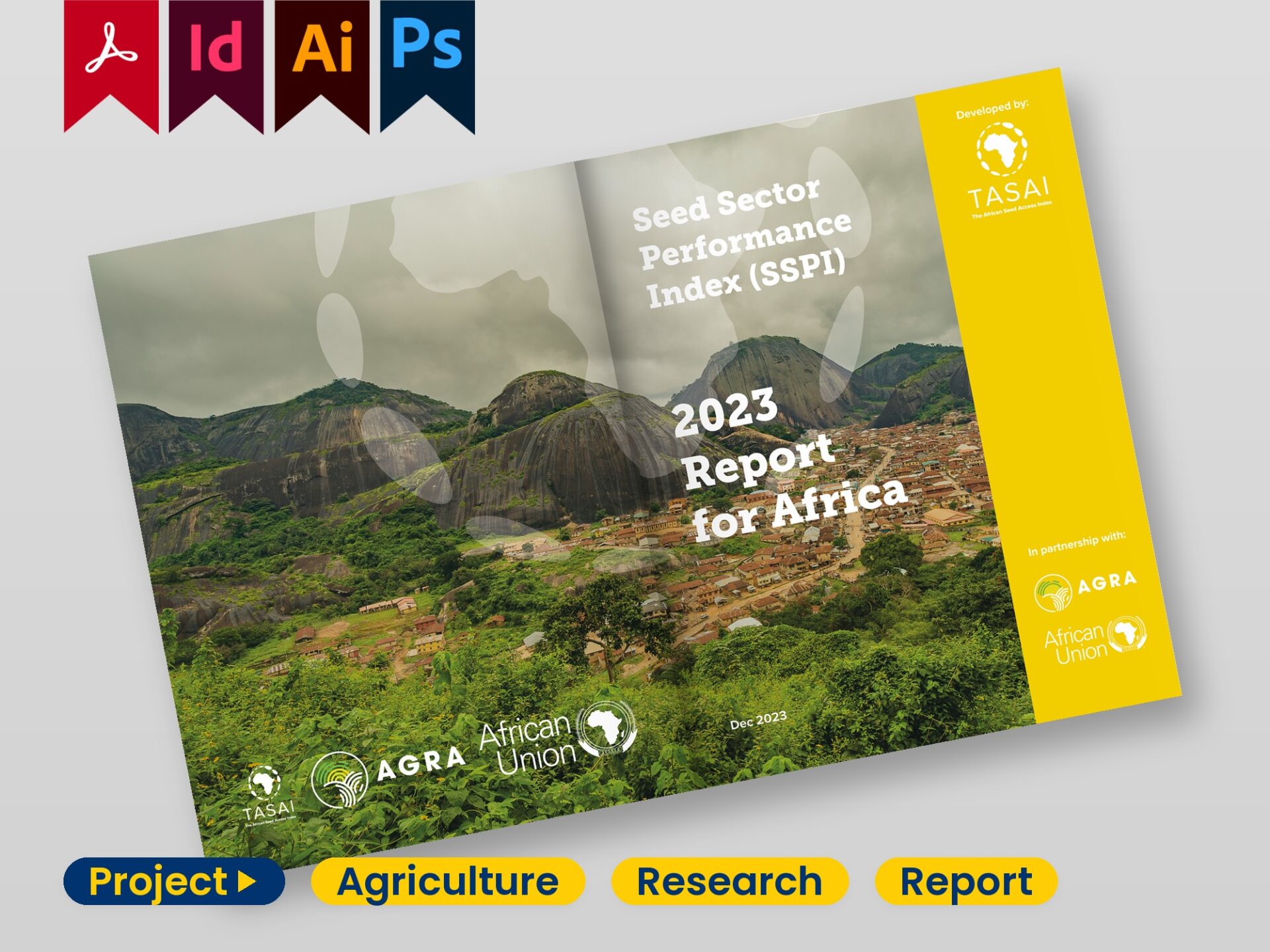 TASAI Report – Front and Back Cover Spread Front-and-back cover spread of the TASAI annual seed-sector report, designed in InDesign