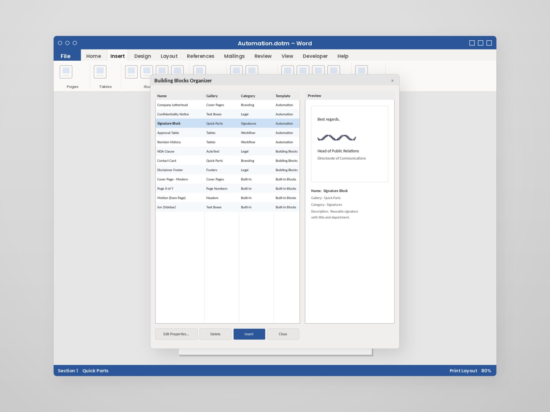 The Word Building Blocks Organizer with a library of reusable document parts