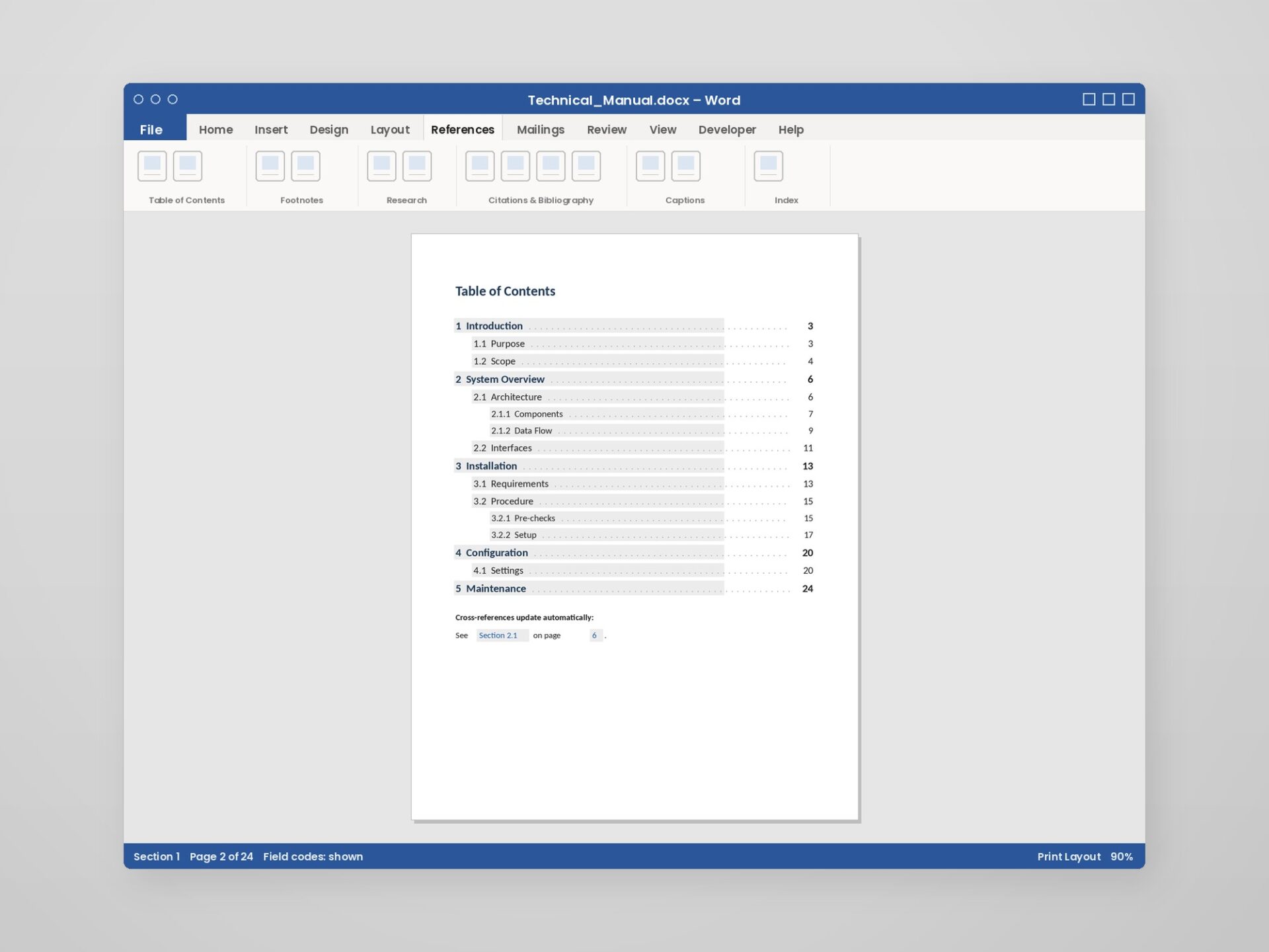 A multi-level automatic table of contents with field codes and cross-references in Word