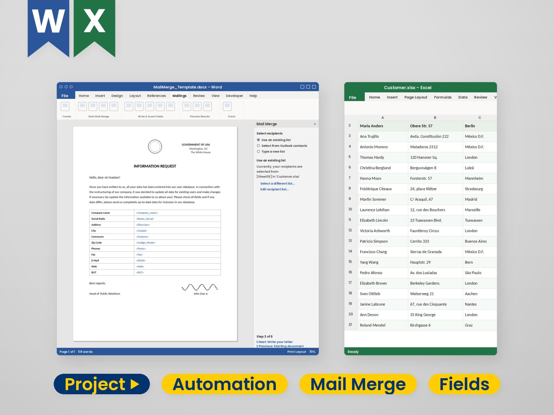 A letter template with merge fields beside the same letter filled with real data