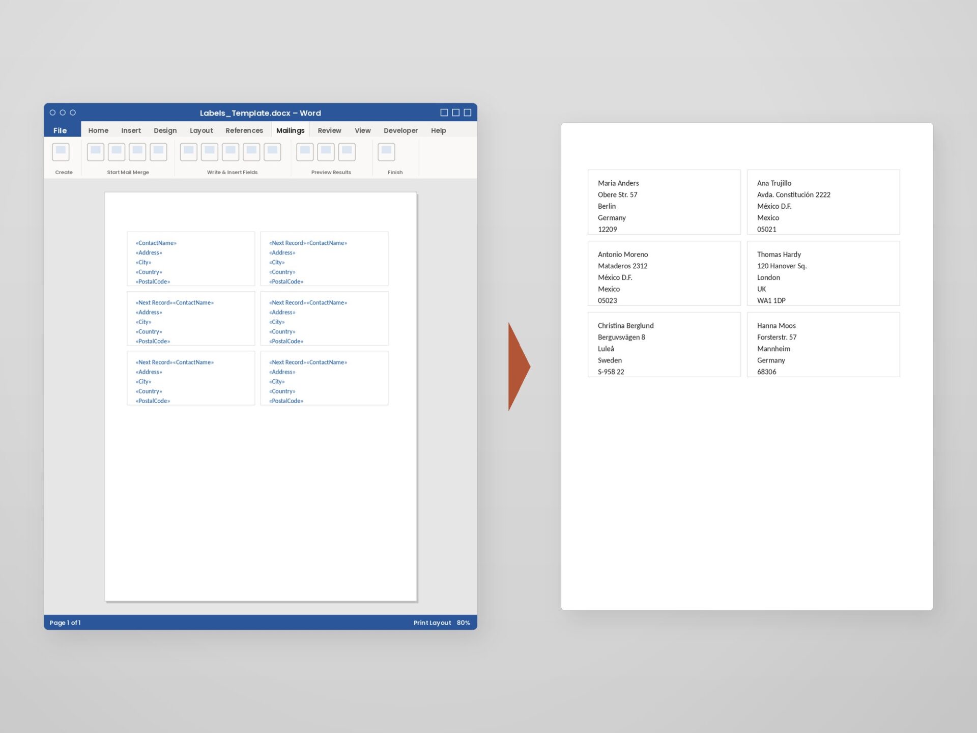 A label sheet template with Next Record fields beside the finished merged labels