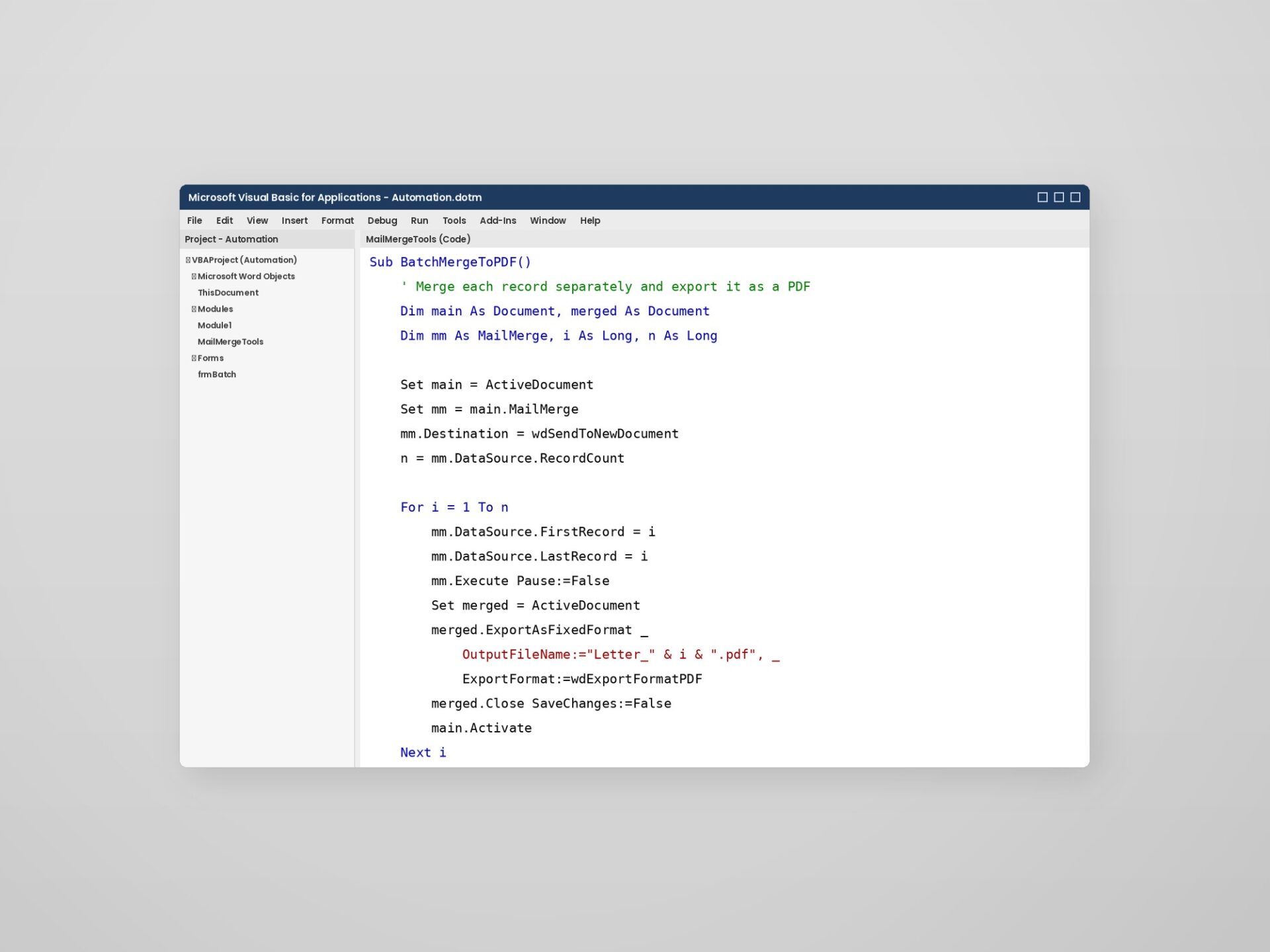 The Visual Basic editor in Word shows a working batch merge-to-PDF macro