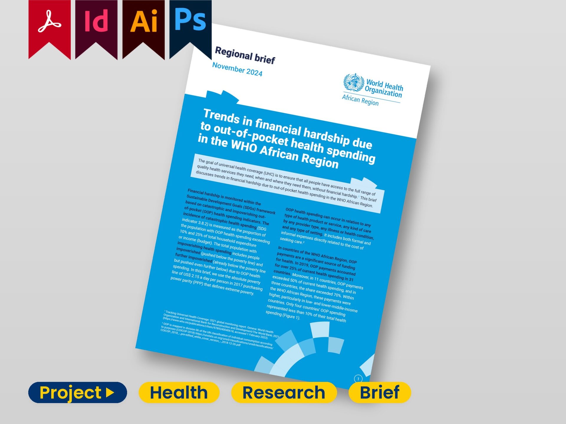 Cover of a WHO country brief – on-brand title layout built in InDesign from a raw Word file