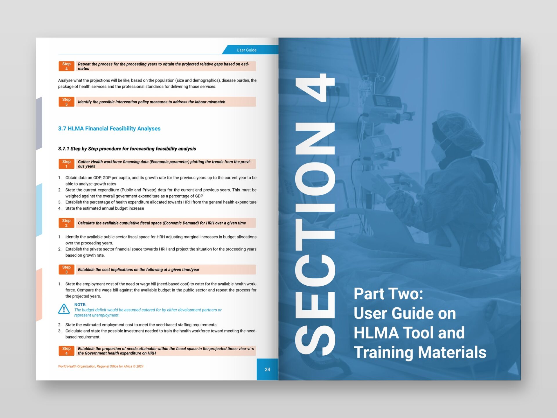 Instructional page with color-coded steps, callout icons, and a full-bleed section divider