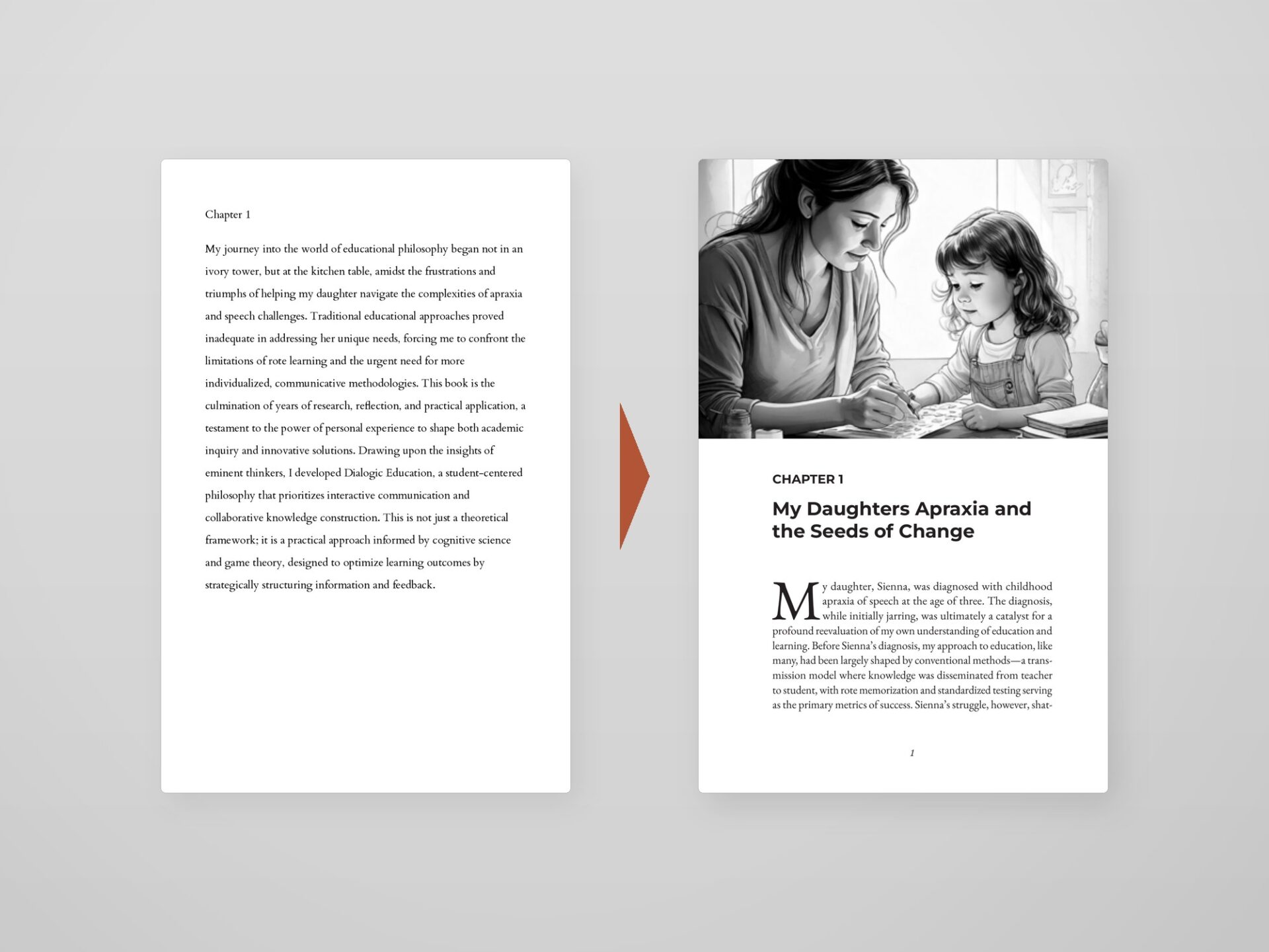 Plain typed manuscript beside the same text formatted into a styled Word book page