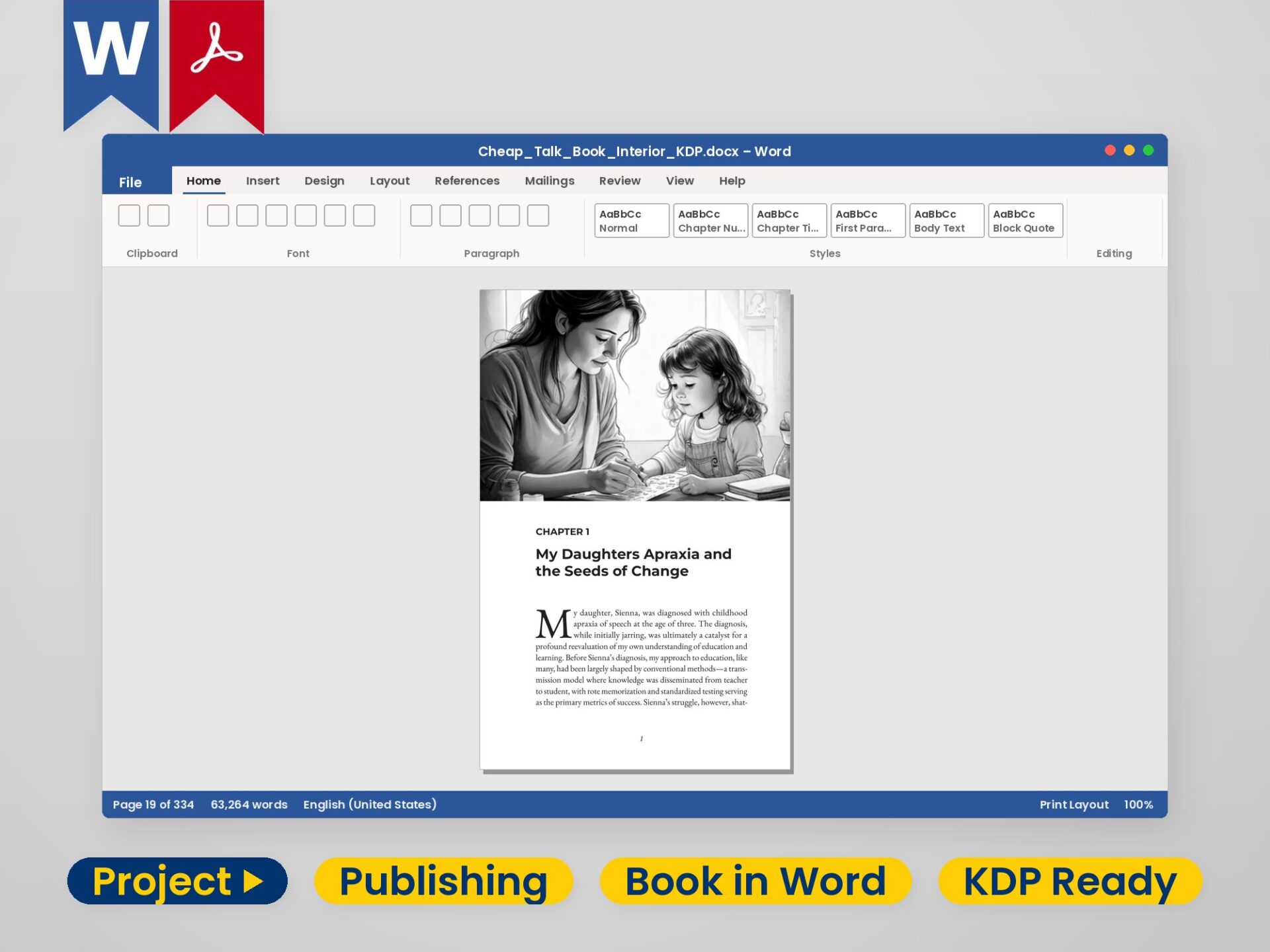 A book chapter opener formatted inside Microsoft Word, shown in the Word window at print trim size