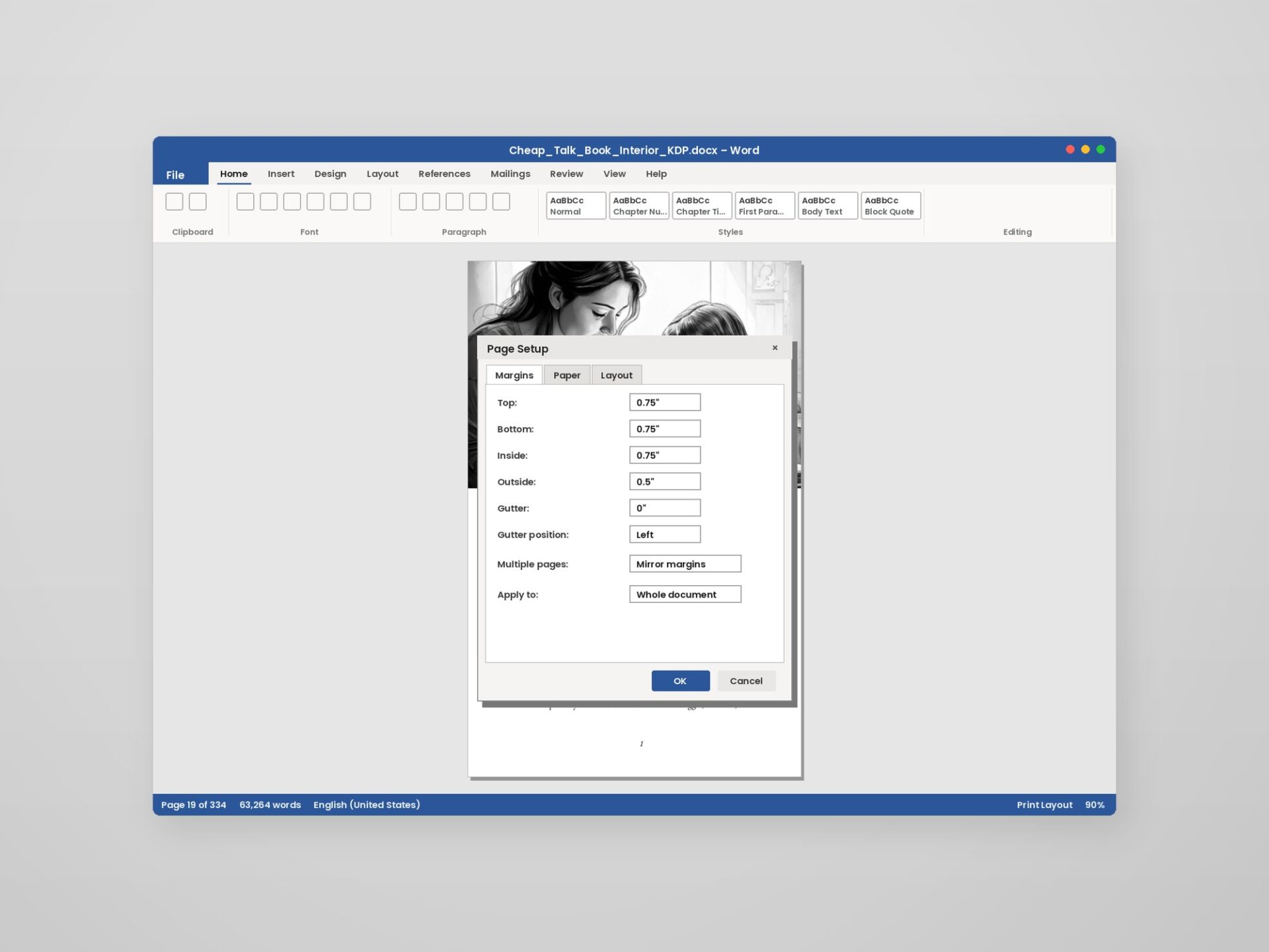 The Word Page Setup dialog showing mirror margins and gutter set for a print trim size