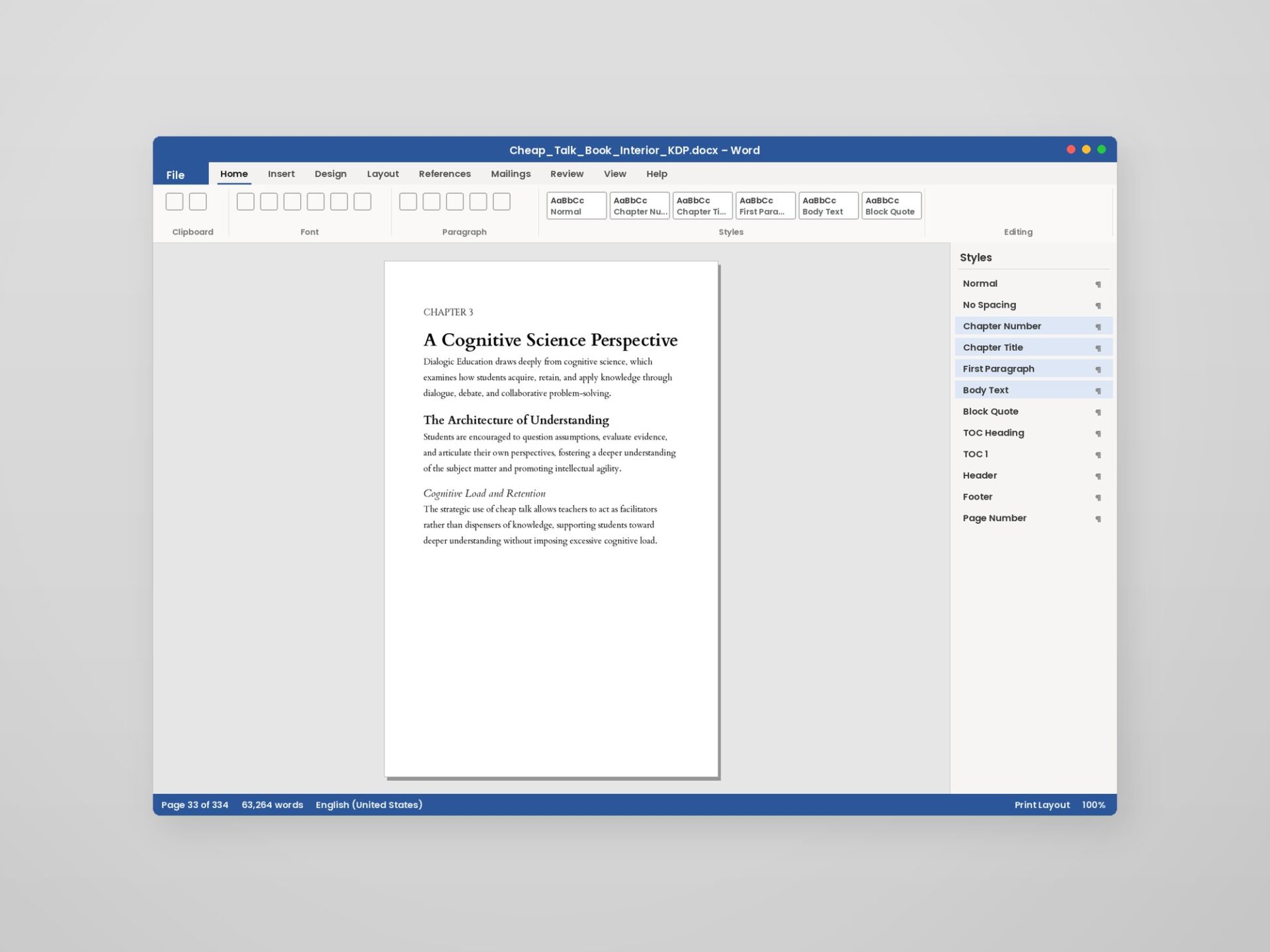 A Word book page with three heading levels, next to the open Styles pane driving them