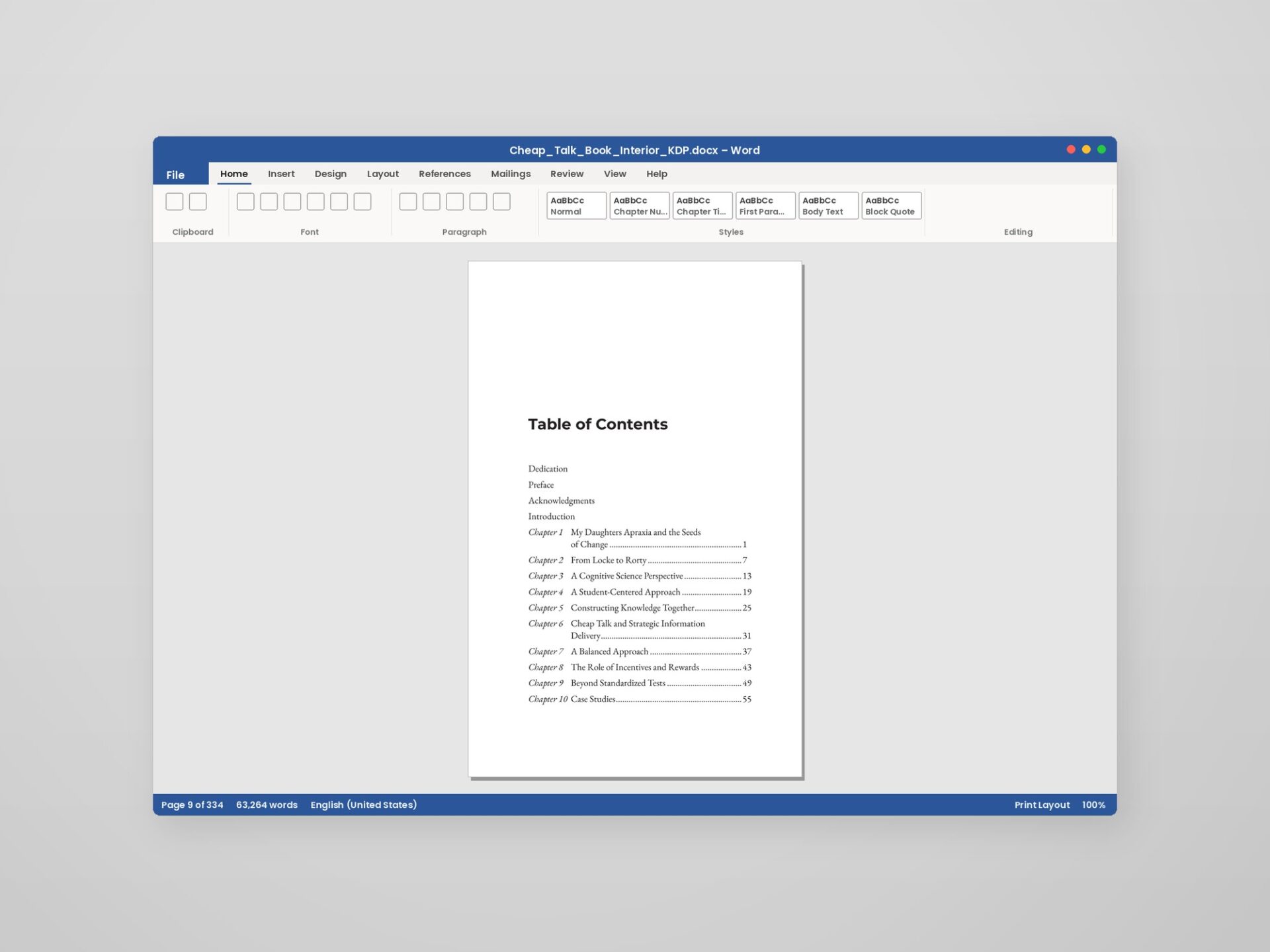 An automatic, updatable table of contents generated from the book's Word heading styles
